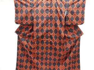 格子に抽象模様織り出し手織り紬着物